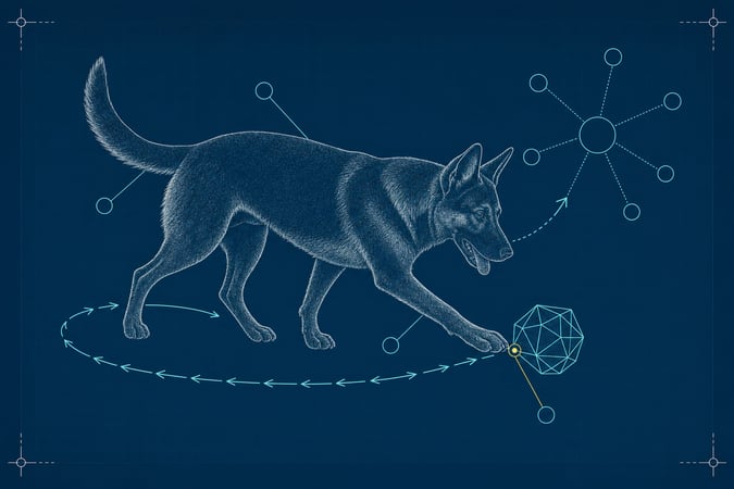 Blueprint schematic of a confident adolescent German-shepherd-type dog approaching a small geometric object, ears forward and tail carried high, with an approach-vector arrow field and a radiating socialization-pathway node web.