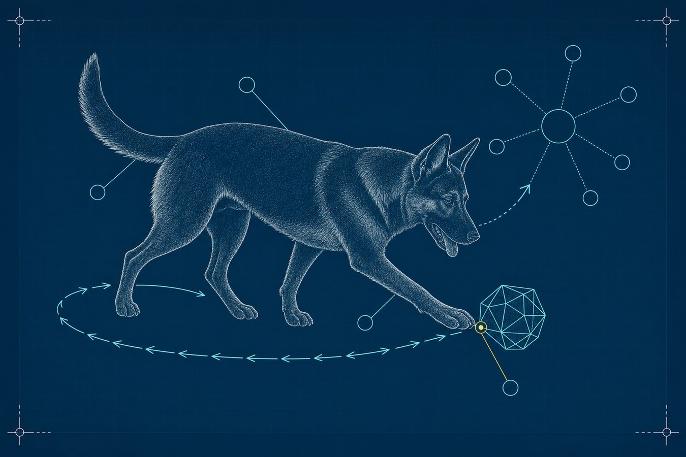 Blueprint schematic of a confident adolescent German-shepherd-type dog approaching a small geometric object, ears forward and tail carried high, with an approach-vector arrow field and a radiating socialization-pathway node web.