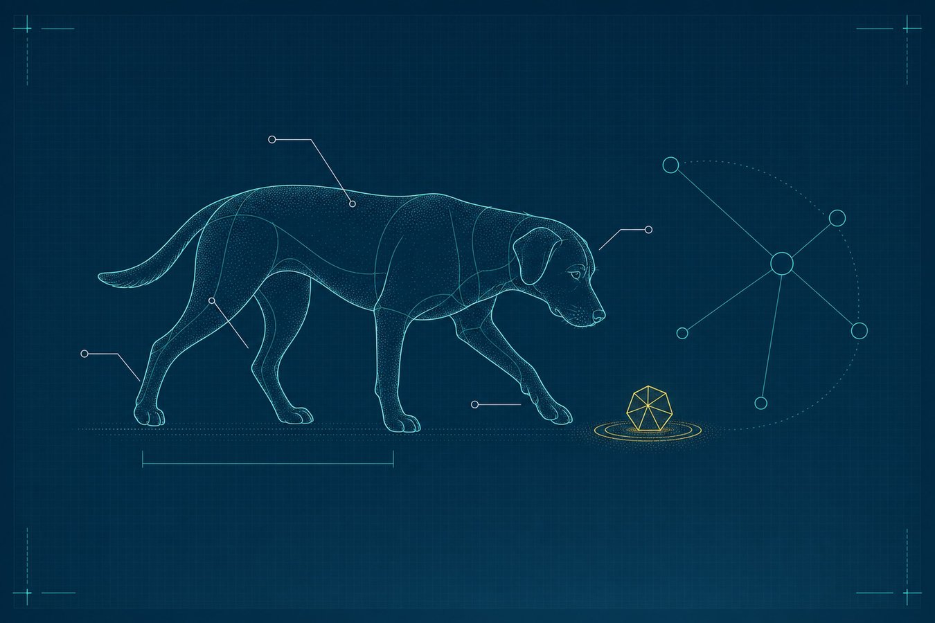Blueprint schematic of an adolescent dog cautiously approaching a small object, linked to a socialization pathway network of empty nodes.