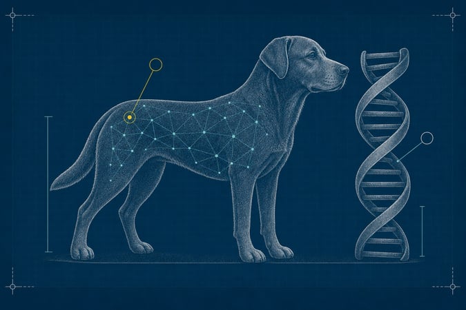 Blueprint schematic of a DNA double helix beside a standing Labrador-type dog fully rendered in solid engraved-stipple fur texture with a triangulated data-node overlay on top, one flank node highlighted in yellow with its own empty callout circle.