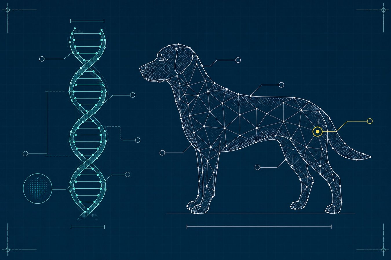 Blueprint schematic of a DNA double helix beside a dog silhouette built from a triangulated data-node constellation.