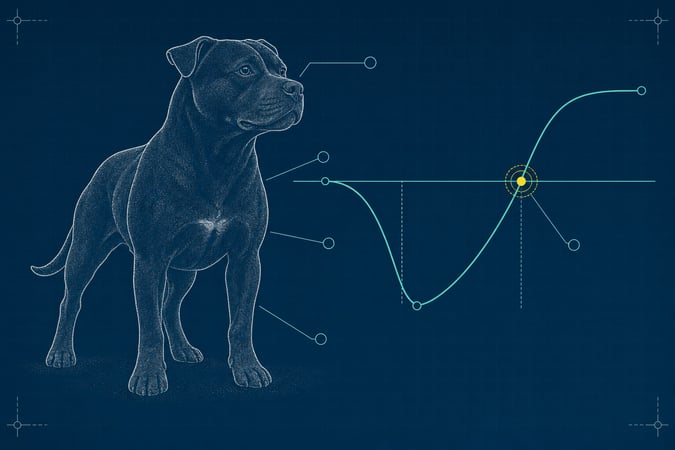 Blueprint schematic of a confident short-coat bully-type dog standing beside a stress-recovery curve that dips at a stressor node and rises above baseline, with a yellow highlight on the recovery-crossing point.