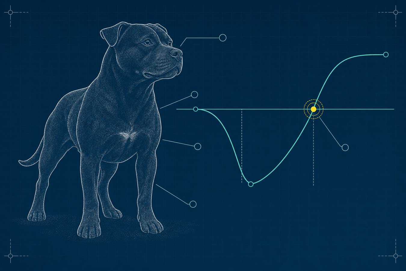 Blueprint schematic of a confident short-coat bully-type dog standing beside a stress-recovery curve that dips at a stressor node and rises above baseline, with a yellow highlight on the recovery-crossing point.