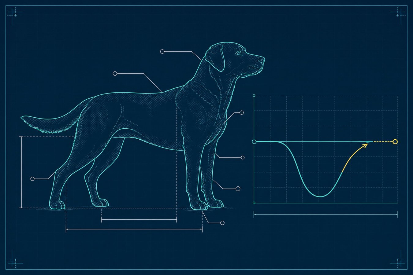 Blueprint schematic of a confident standing dog beside a stress-recovery curve dipping and returning to baseline.