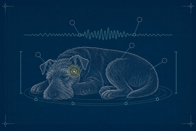 Blueprint schematic of a small terrier-type dog curled asleep with an EEG-style sleep wave trace above it.