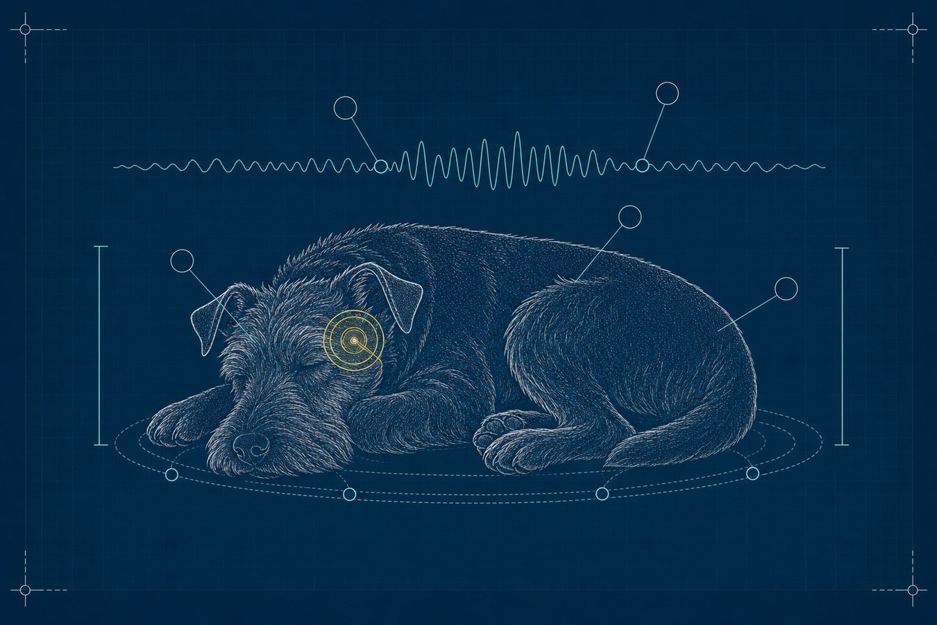 Blueprint schematic of a small terrier-type dog curled asleep with an EEG-style sleep wave trace above it.