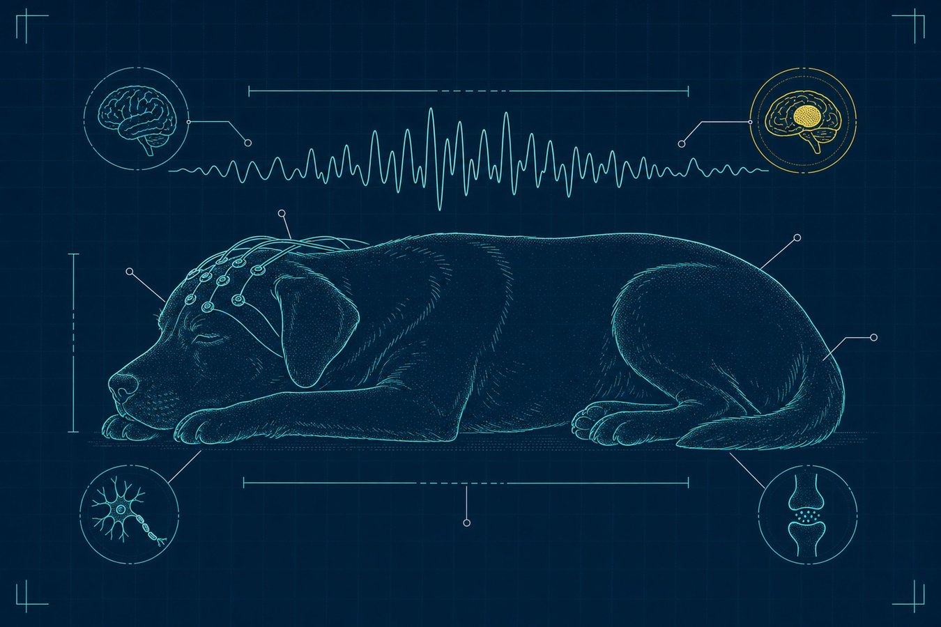 Blueprint schematic of a resting dog with an EEG-style sleep wave trace and inset brain and neuron detail plates.