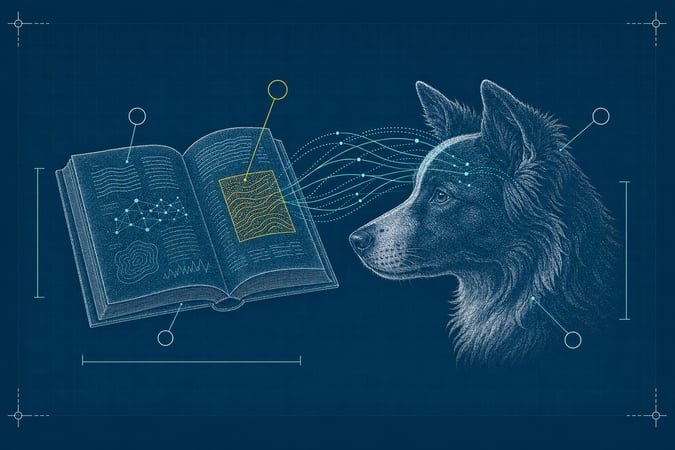Blueprint schematic of an open book beside a Border Collie's head, connected by knowledge-transfer arcs, rendered in engraved-stipple texture with one page highlighted in yellow.