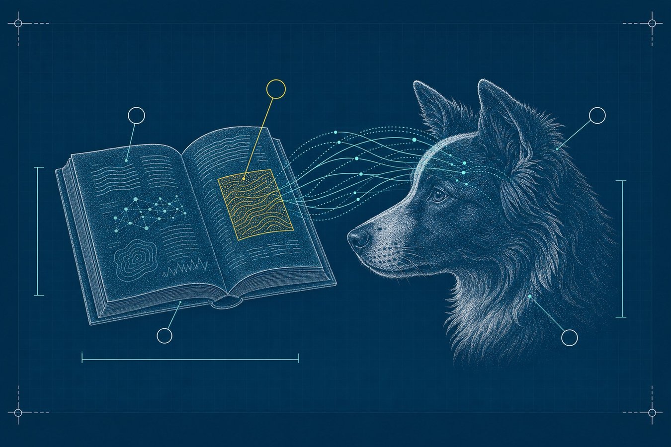 Blueprint schematic of an open book beside a Border Collie's head, connected by knowledge-transfer arcs, rendered in engraved-stipple texture with one page highlighted in yellow.