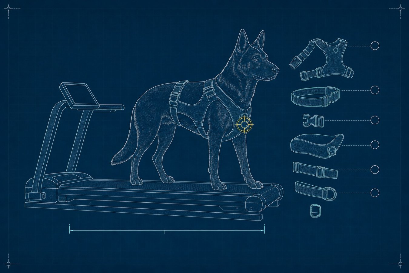 Blueprint schematic of a German-shepherd-type dog on a treadmill wearing an exploded-view support harness, composed with generous top and bottom margin so the ear tips and treadmill console survive a 16:9 crop.