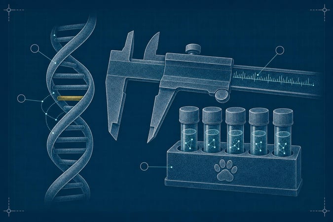 Blueprint schematic of a DNA double helix beside a precision research caliper and five-vial sample rack, all rendered in dense engraved-stipple texture, with a thin HUD tick-mark scale along the caliper and one helix rung highlighted in yellow.
