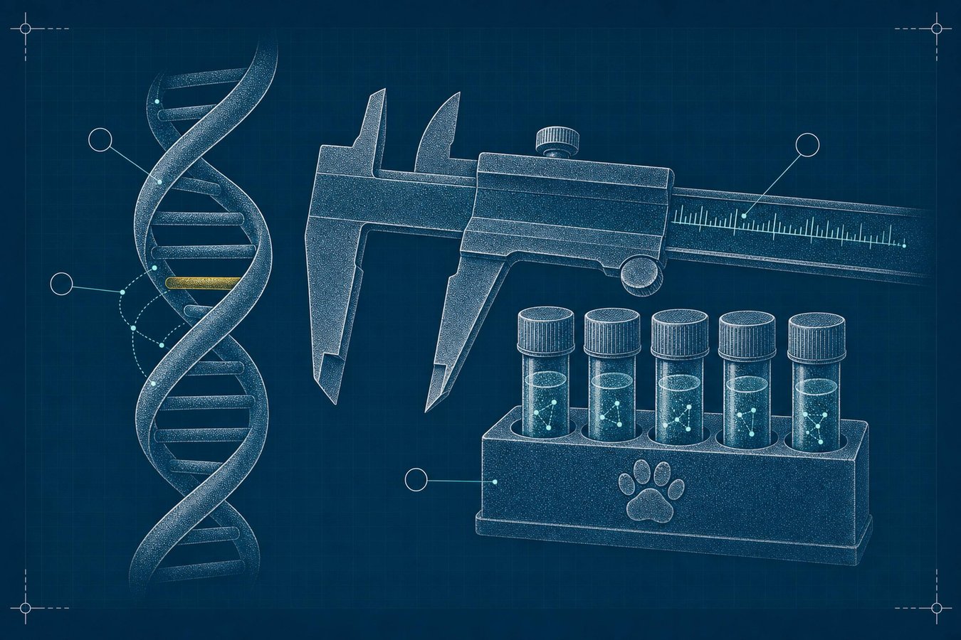 Blueprint schematic of a DNA double helix beside a precision research caliper and five-vial sample rack, all rendered in dense engraved-stipple texture, with a thin HUD tick-mark scale along the caliper and one helix rung highlighted in yellow.