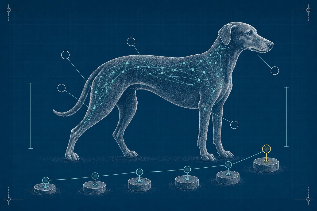Blueprint schematic of a lean adult sighthound-type dog fully rendered in solid engraved-stipple coat texture, standing atop a six-milestone rising path of platform pods, a data-node constellation overlay on top of the solid coat.