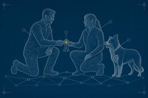 Blueprint schematic of a mentor trainer and adult trainee kneeling beside a Border Collie, passing an award-medal ribbon between them, linked by a data-node constellation network, rendered in engraved-stipple texture.