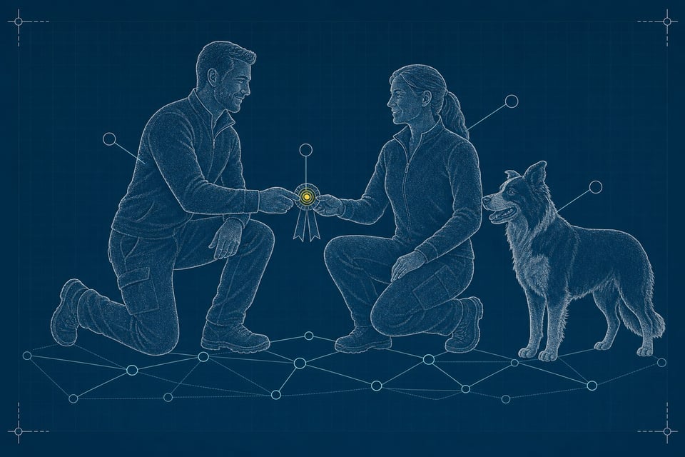 Blueprint schematic of a mentor trainer and adult trainee kneeling beside a Border Collie, passing an award-medal ribbon between them, linked by a data-node constellation network, rendered in engraved-stipple texture.