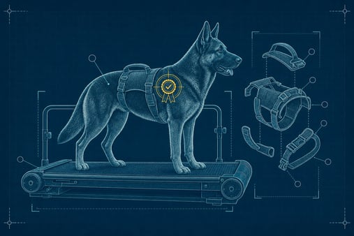 Blueprint schematic of a German Shepherd on a treadmill beside an exploded-view support harness, rendered in engraved-stipple texture, with a HUD bracket frame around the treadmill and a yellow-highlighted award-medal marking the grant application process.