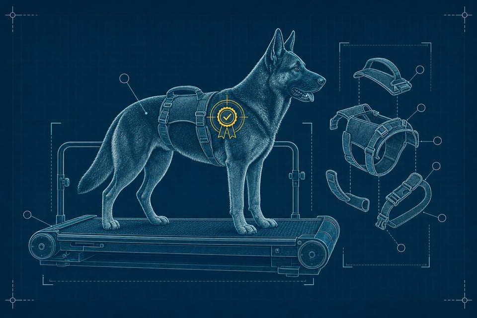 Blueprint schematic of a German Shepherd on a treadmill beside an exploded-view support harness, rendered in engraved-stipple texture, with a HUD bracket frame around the treadmill and a yellow-highlighted award-medal marking the grant application process.