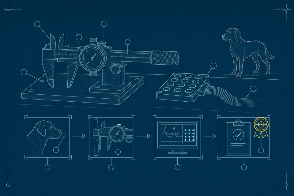 Blueprint schematic of a four-step research protocol flow from intake to results, with a precision caliper and sensor array, a yellow-highlighted award-medal at the results node, and a dog observing from the side, rendered in engraved-stipple texture.