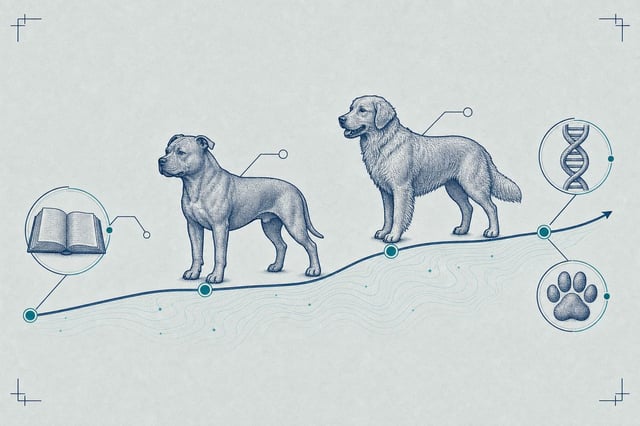 Schematic blueprint illustration of a rising path marked with generational milestone nodes, two adult dogs of different breeds standing along the path, bracketed by a book icon and DNA-helix/paw-print icons.