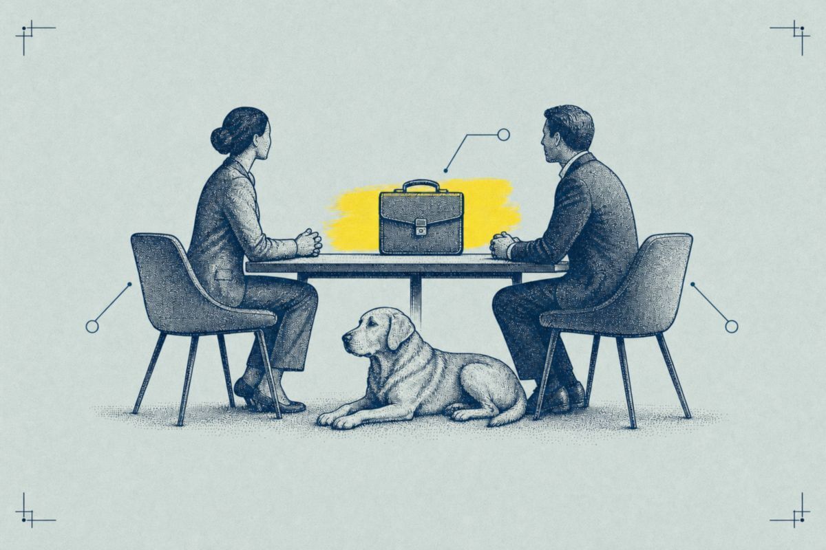 Schematic blueprint illustration of two figures seated at a table with a briefcase motif between them, an adult dog resting beneath the table.