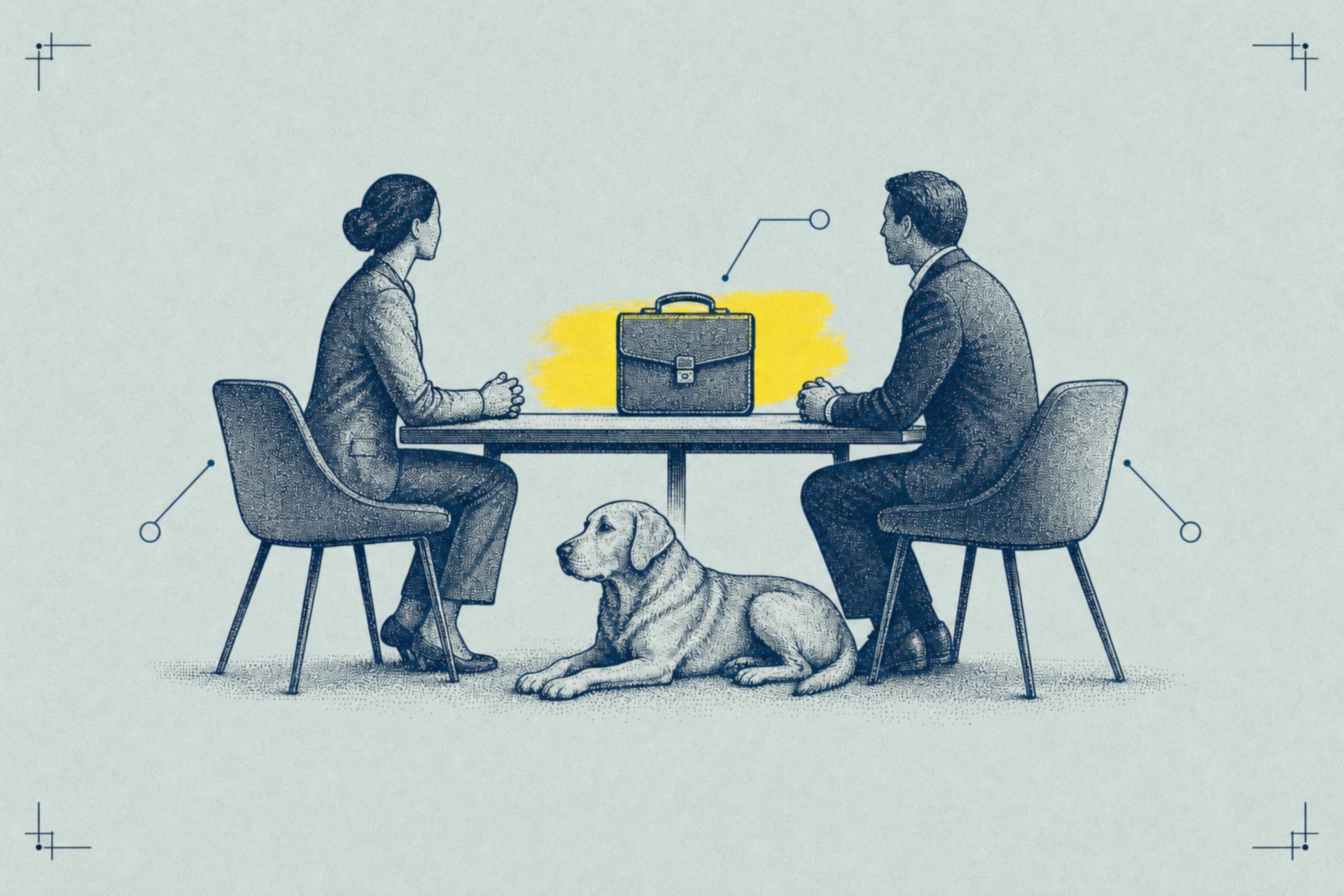 Schematic blueprint illustration of two figures seated at a table with a briefcase motif between them, an adult dog resting beneath the table, cool mint field register.