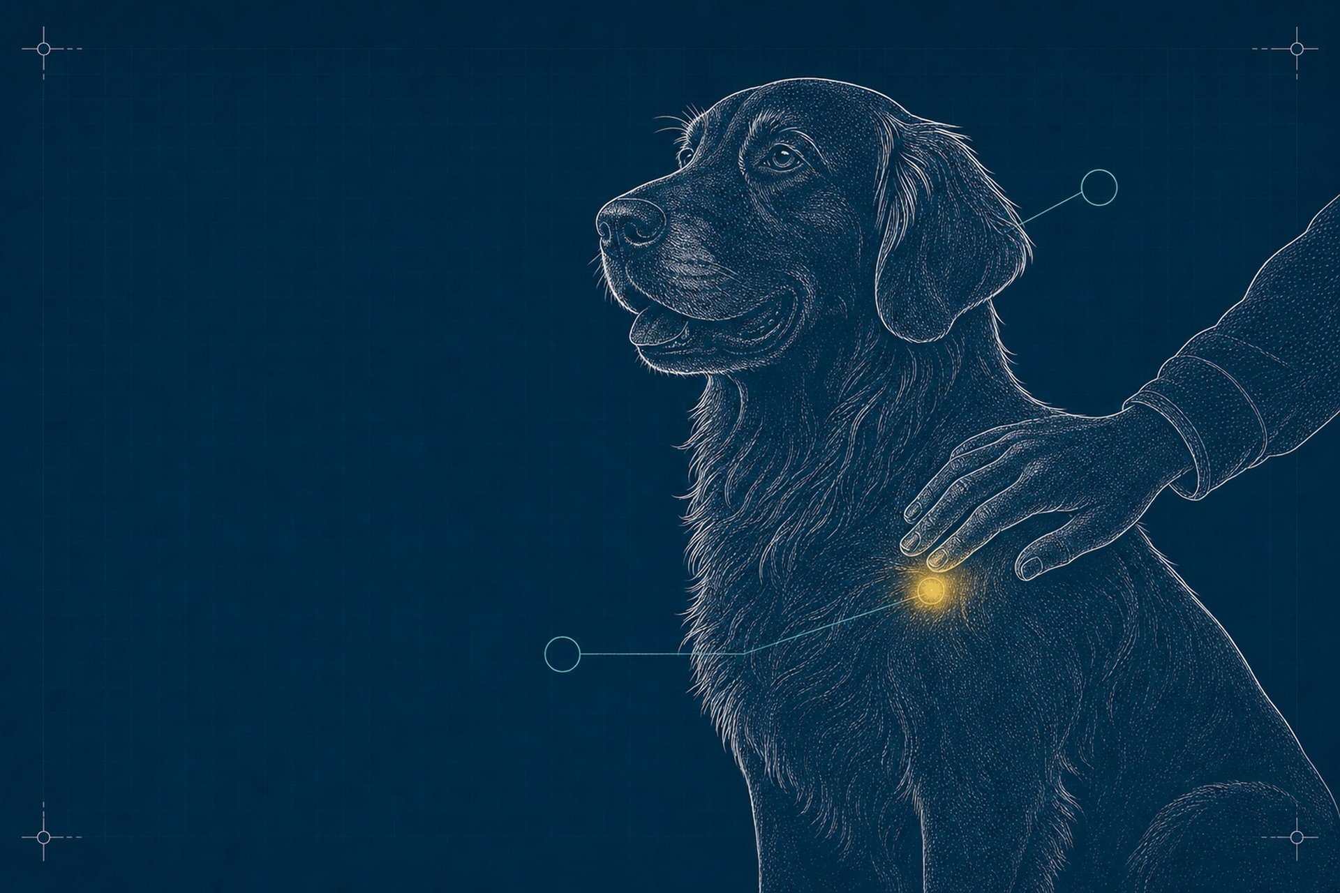 Schematic blueprint illustration of an adult golden retriever in three-quarter view beside a human hand resting on its shoulder, with a single glowing connection point where hand meets shoulder.