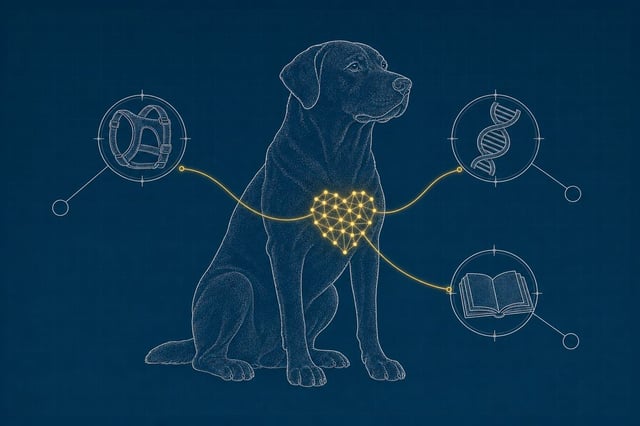 Blueprint schematic of a glowing heart-shaped data-node cluster over a seated dog's chest, with three branch lines flowing outward to a support harness, a DNA helix, and an open book.