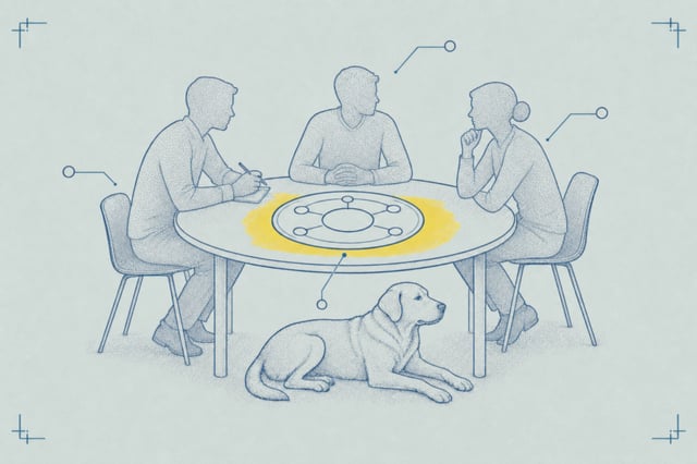Schematic blueprint illustration of three seated figures around a table during a classroom seminar, with a calm adult dog resting beneath the table, cool mint field register.