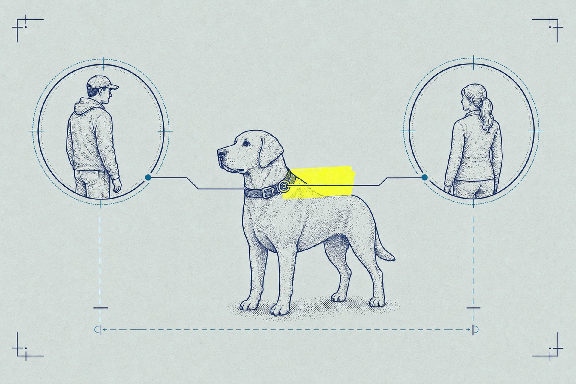 Schematic blueprint illustration of two figures, each connected by a leader line to a shared contact point on an adult dog's collar, with a bold yellow highlighter swipe behind the collar and the dog centered between them, cool mint field register.