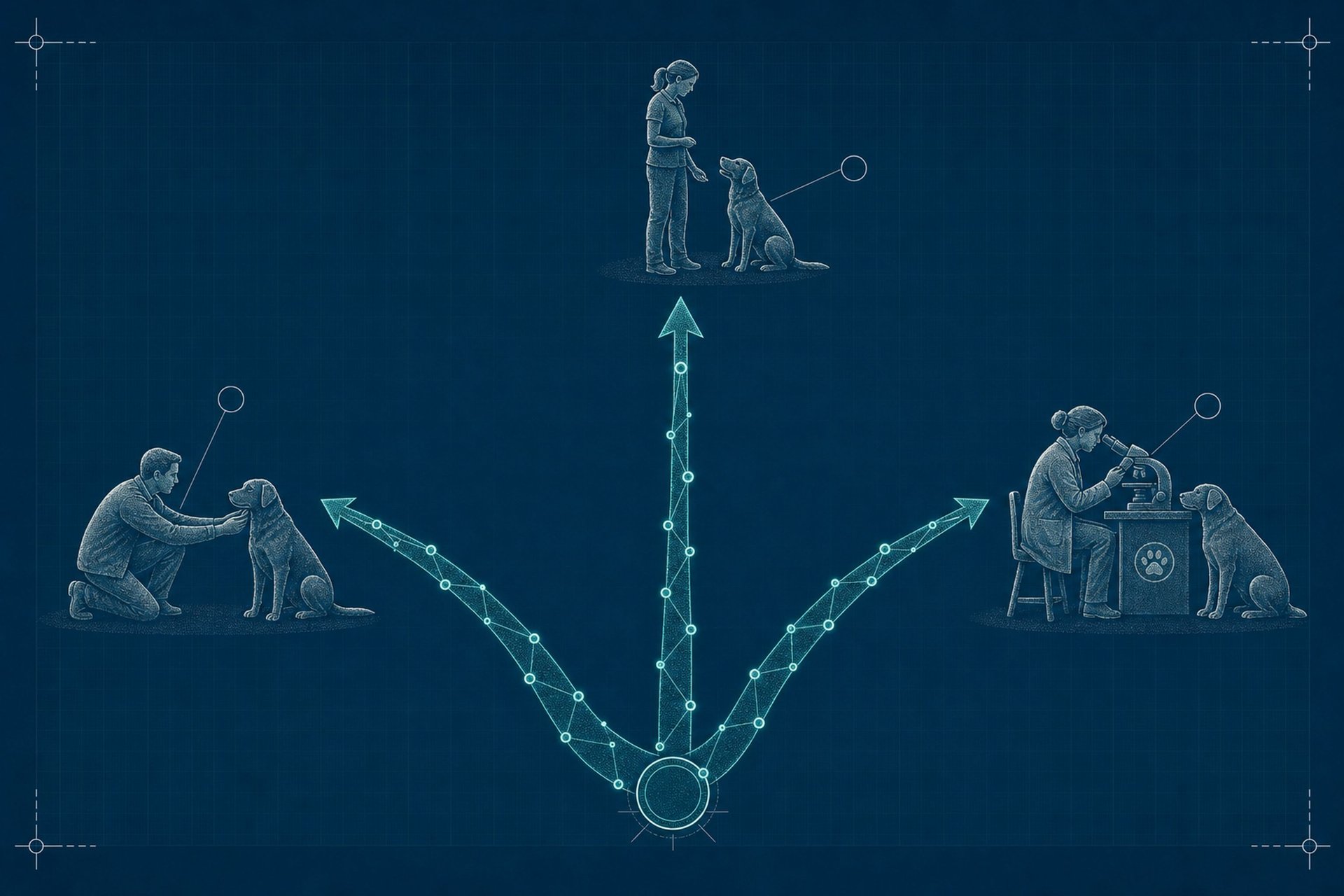 Schematic blueprint illustration of three route-arrows for giving, serving, and partnering diverging from a central visitor node, each ending in a distinct human-and-dog pair schematic.