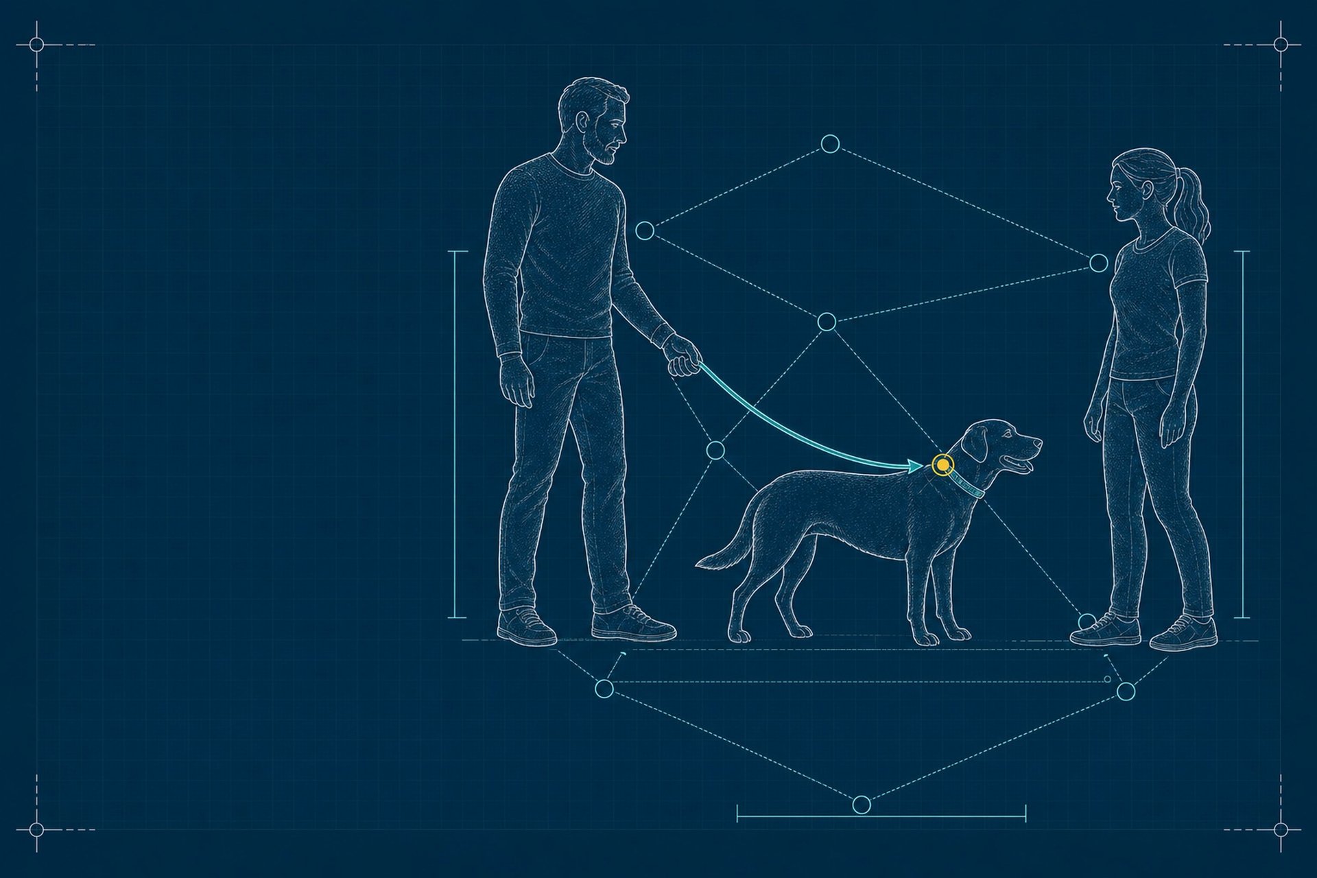 Schematic blueprint illustration of a mentor and mentee standing on opposite sides of an adult dog, a leash-pressure vector diagram running from the mentor's hand through the leash to the dog's collar, linked by a data-node constellation network.
