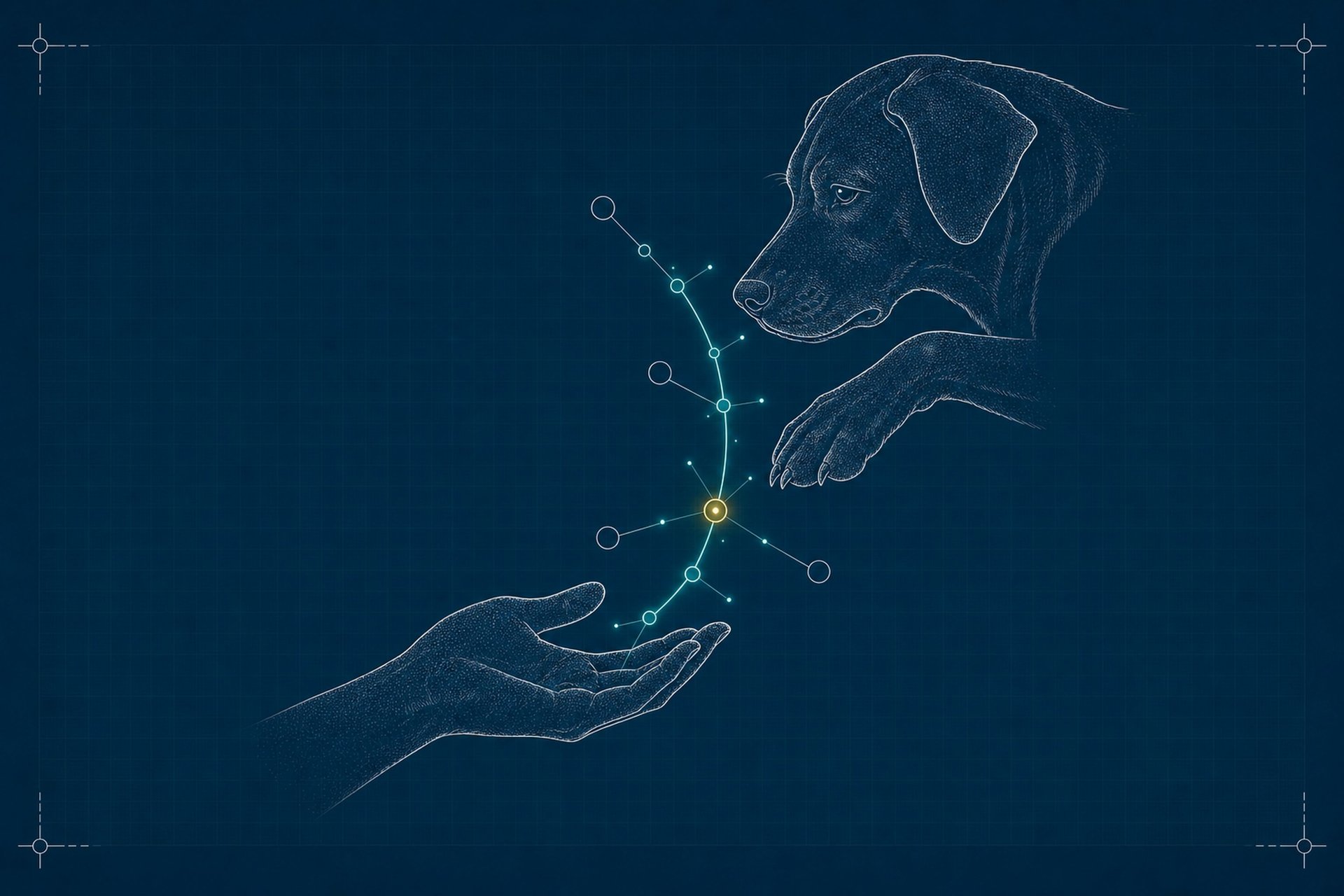 Schematic blueprint illustration of a human hand and a dog's head and paw reaching toward each other through the center of the frame, joined by a glowing connection line.