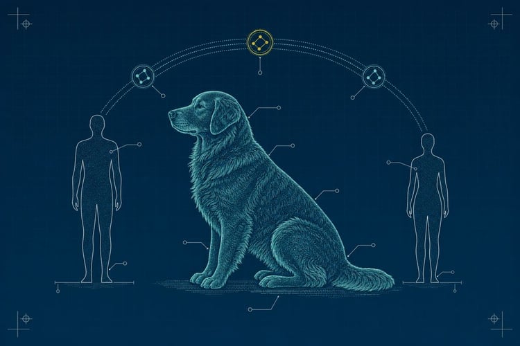 Schematic blueprint illustration of an adult Golden Retriever-type dog seated between two abstract mentor and mentee figure-silhouettes, connected by a knowledge-transfer arc of data-constellation nodes overhead.