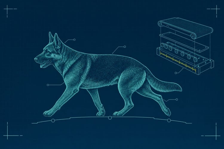 Schematic blueprint illustration of an adult German Shepherd-type dog in a walking pose above a stepped care-bridge arc, beside an exploded-view treadmill plate with a yellow tick-mark scale.