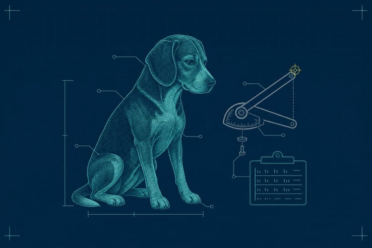 Schematic blueprint illustration of an adult Beagle-type dog seated beside a goniometer measuring instrument with a yellow target reticle and an abstract protocol card.