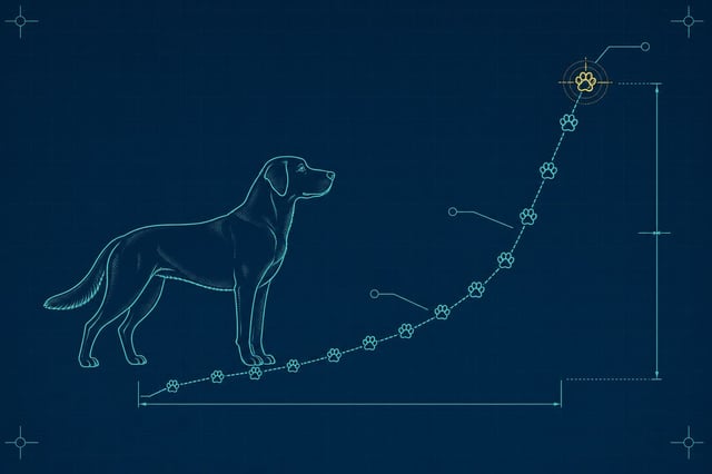 Schematic blueprint illustration of a rising outcome curve built from paw-shaped data points, one terminal paw highlighted in a yellow target mark.
