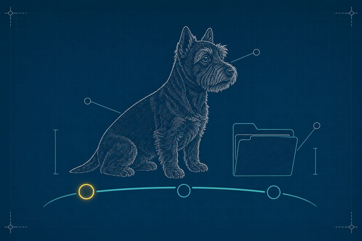 Blueprint schematic of a small terrier sitting beside a three-node progress arc, an intake-file-folder icon nearby, with only the first node highlighted in yellow.