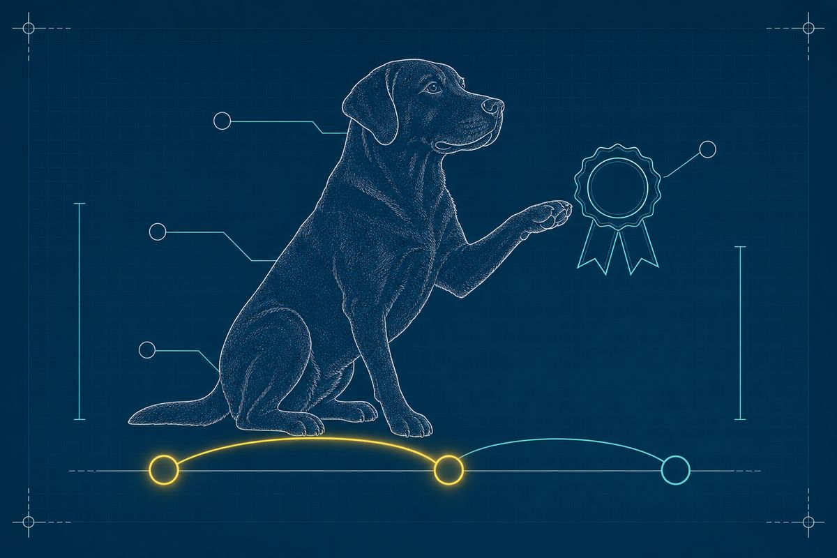 Blueprint schematic of an adult Labrador Retriever in a shake/offer pose beside the same three-node progress arc, the first two nodes highlighted yellow and joined by a glowing arc segment, a skill-badge rosette beside the raised paw.