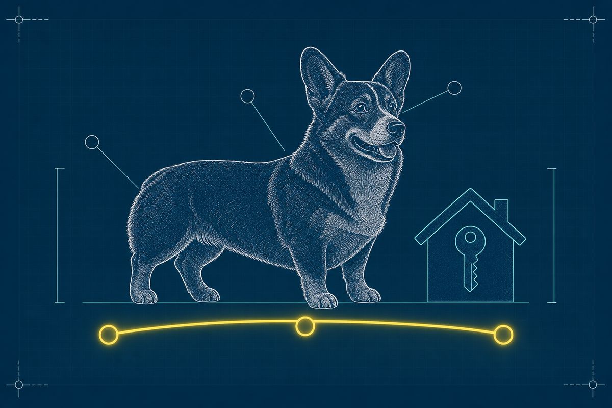 Blueprint schematic of an adult Corgi standing confidently beside the same three-node progress arc, all three nodes highlighted yellow and fully connected by a glowing arc, a house-with-key icon marking placement.