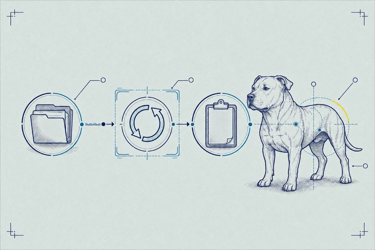 Blueprint schematic of a three-step referral pathway (intake file, review-loop arrow, care-plan clipboard) beside an adult bully-type dog, cool mint field register.