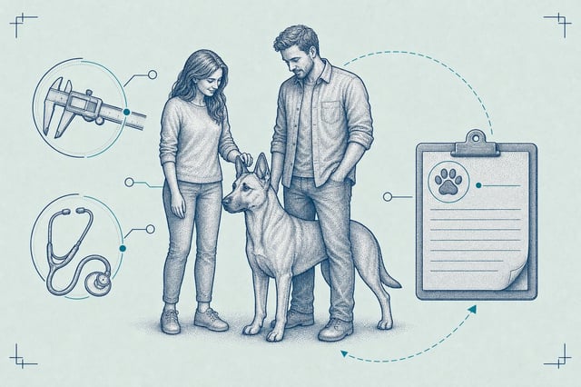 Schematic blueprint illustration of a family group and an adult dog standing beside a care-plan clipboard with a dashed follow-through loop arrow curving back from the document to the family.