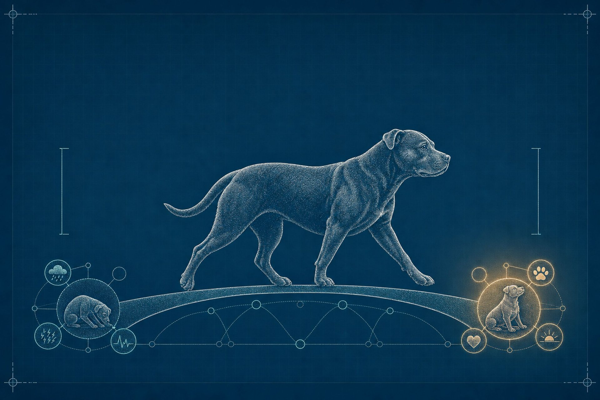 Schematic blueprint illustration of an adult dog walking across a bridge-arc from a small stressed-state node cluster to a warm, glowing calm-state node cluster.