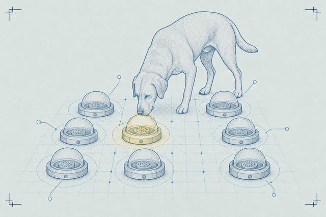 Schematic blueprint illustration of an adult dog investigating one dome in a neat 3x3 grid of scent-test apparatus on cool pale mint-grey paper, the dome being investigated highlighted with a yellow glow, airy low-density layout matching the page's other plate.