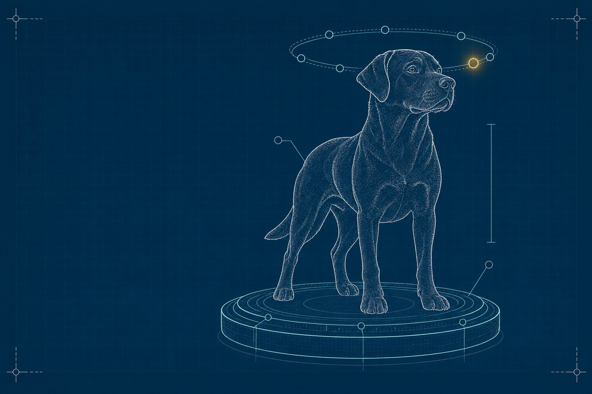 Schematic blueprint illustration of an adult dog standing on a circular research pedestal, a ring of glowing data-node markers orbiting overhead like a halo, one halo node highlighted in yellow.