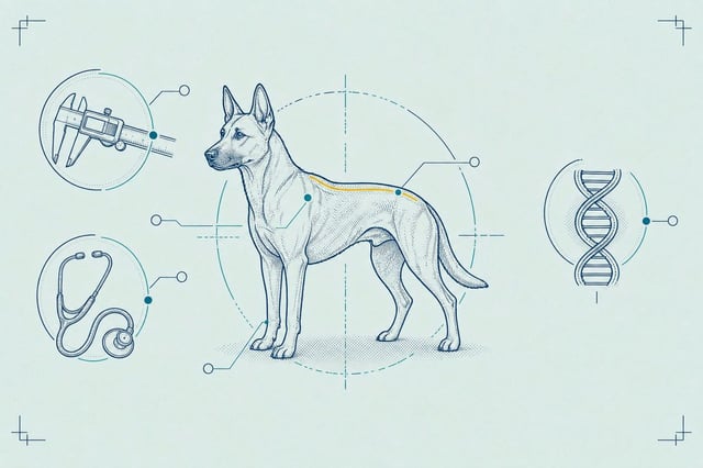 Field-notebook style blueprint illustration of a lean dog schematic in three-quarter view with a yellow accent stroke along its spine, a pair of measurement instruments, and a compact DNA double helix.