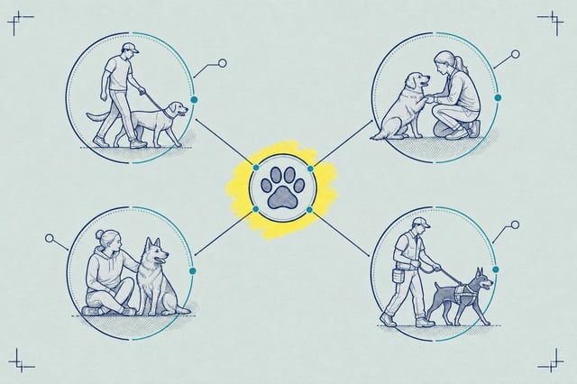 Blueprint schematic of four human-and-dog pairs, each in its own circular frame, connected by thin lines to one shared paw-print node, cool mint field register.