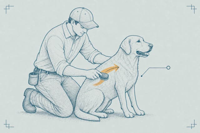 Schematic blueprint illustration of a kneeling volunteer brushing the coat of a calm adult dog, a curved motion-vector arrow tracing the brushing stroke, cool mint field register.