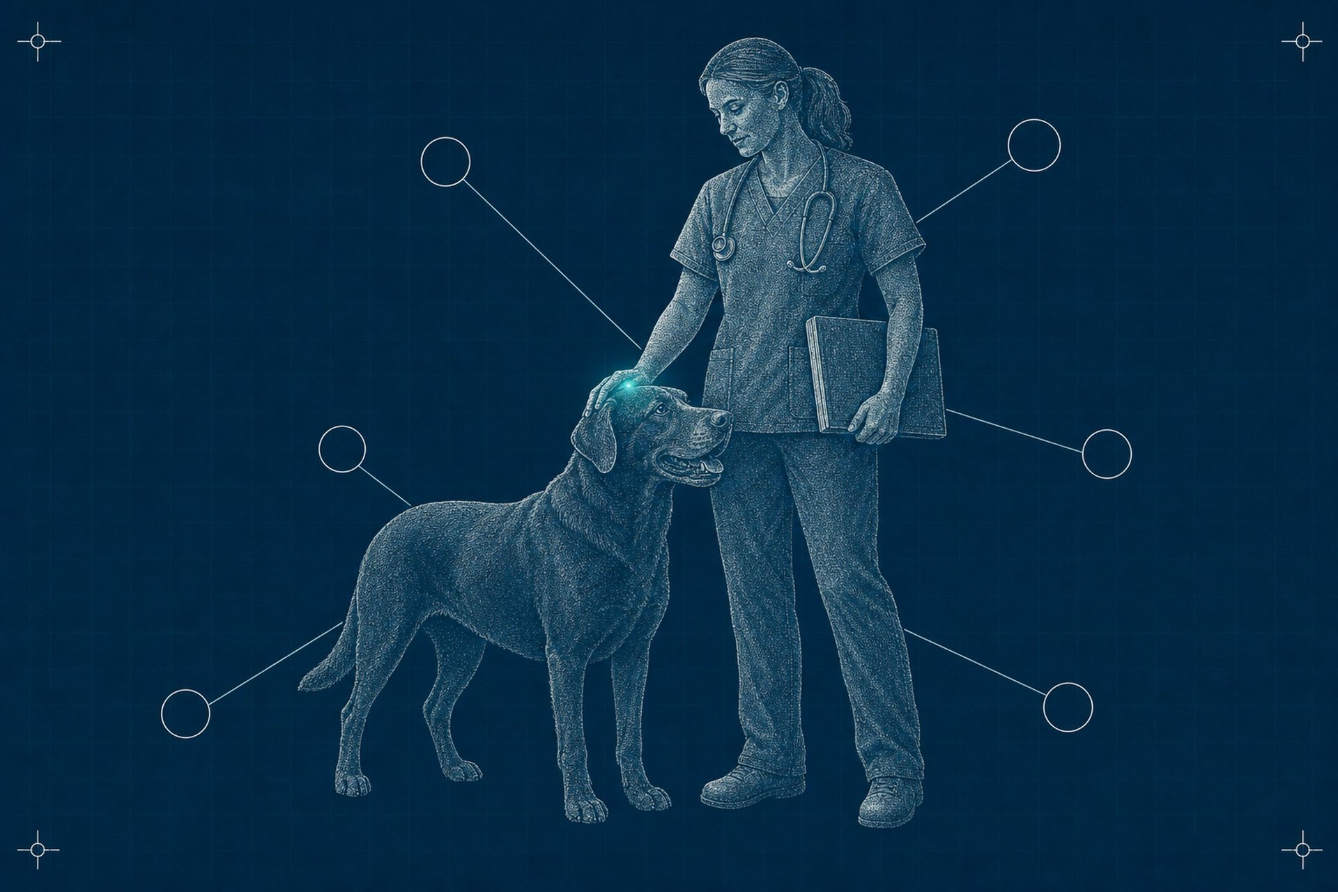 Schematic blueprint illustration of a volunteer's hand reaching toward an adult dog's head, six empty callout circles on straight leader lines, a single soft glow at the point of contact.