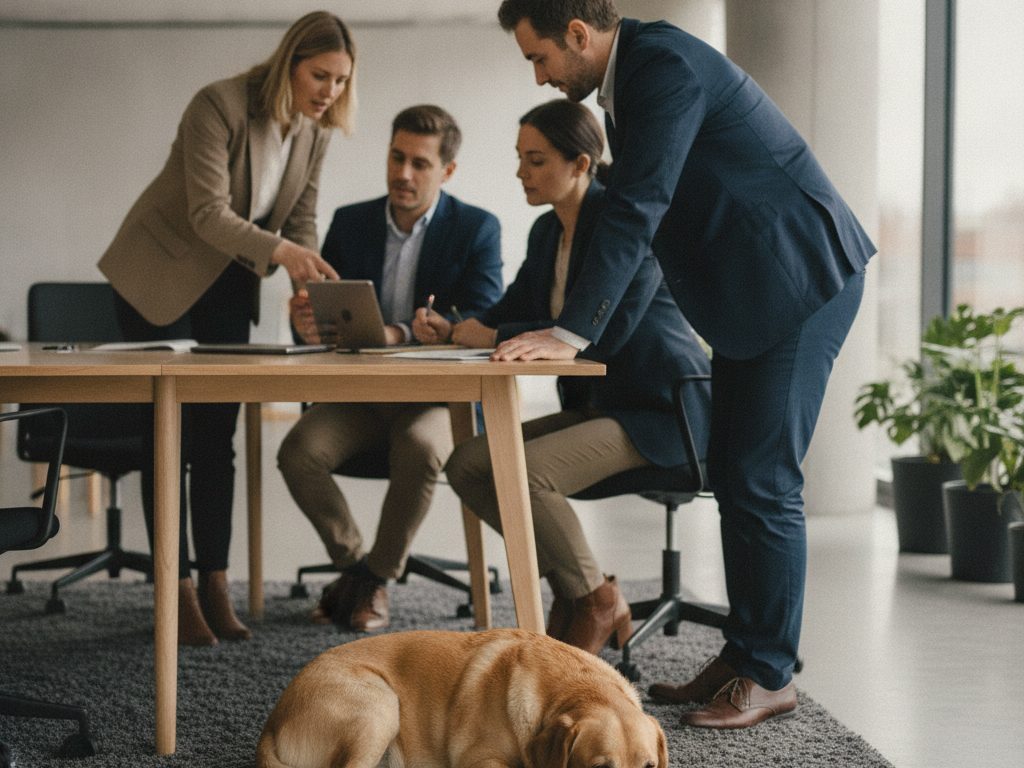 A small group of professionals reviews documents around an office table while a calm adult Labrador Retriever rests on the rug nearby.