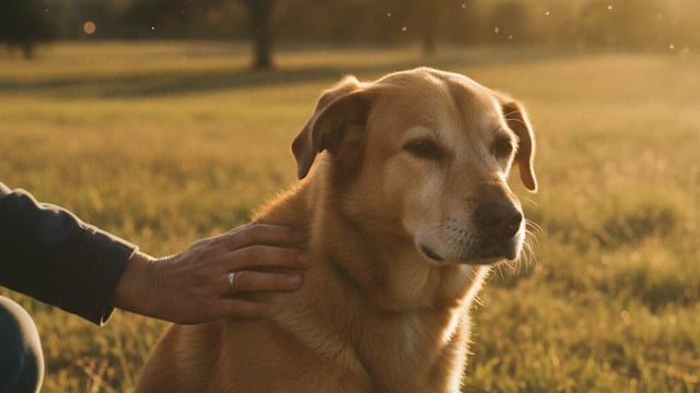A person rests a hand on the shoulder of an adult dog in a sunlit field at golden hour.